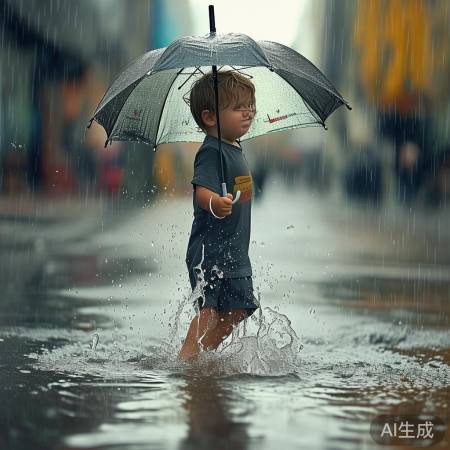 小孩踩伞渡积水，浪漫瞬间引关注