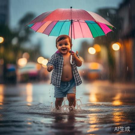 小孩踩伞渡积水，勇敢浪漫瞬间