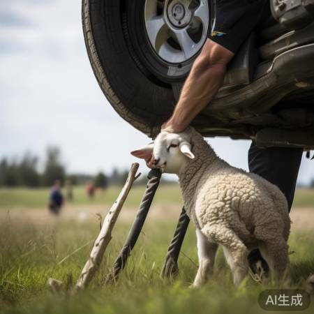 救援人员用铁棍救出小羊羔