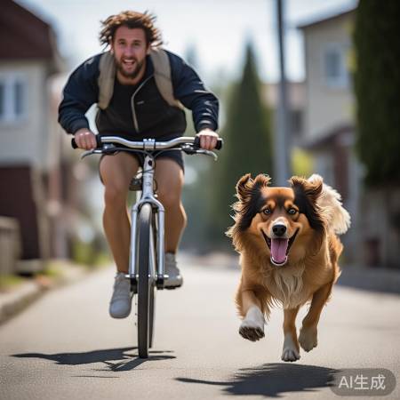 狗追骑车人，两方角度思