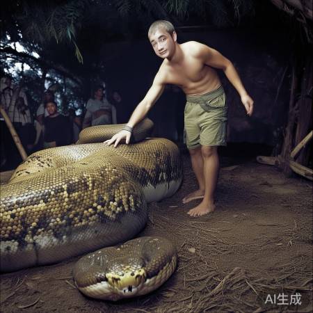 “蛇咬人心，男子笑对巨蟒”