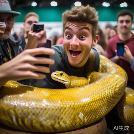 男生与黄金蟒亲密合影