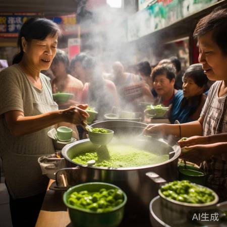 绿豆汤大姐摊位旁，鸡排哥热销人气旺