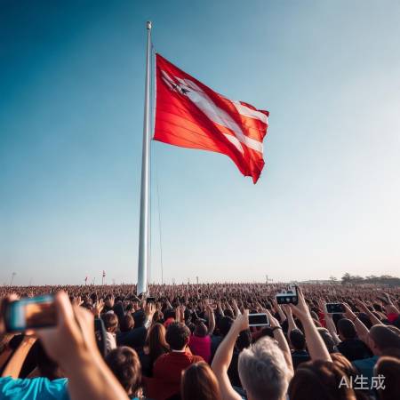 国歌声中，国旗飘扬，众心欢腾。