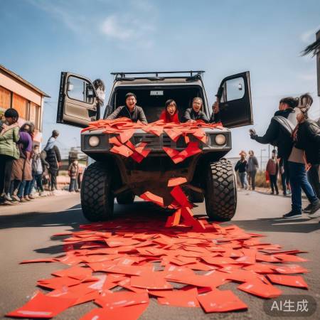 越野车摆红包阵，路人抢笑翻天