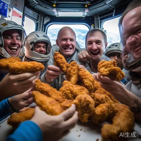 航天员太空烤翅，味美满足表情。