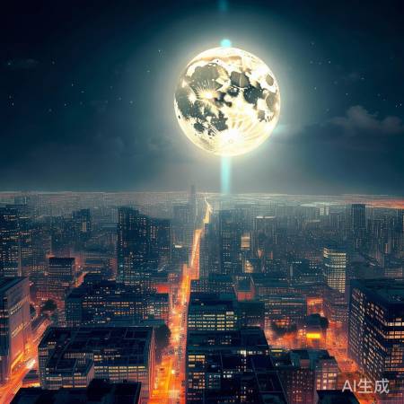 月亮映照城市，时空穿越感