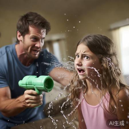 爸爸恶作剧喷闺女一脸水，闺女反击上演水战大戏