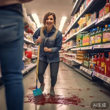 超市员工机智处理饮料洒落