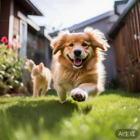 阿黄活泼快乐，与猫嬉戏