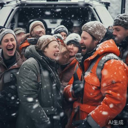 被困人员重见天日，笑如雪中花。