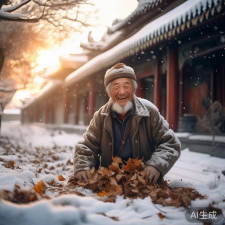 雪中老人拾叶乐