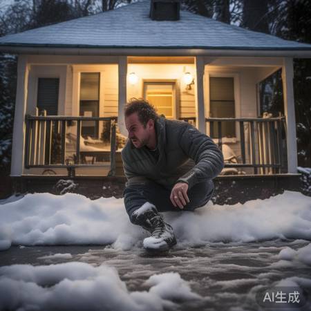 男子滑倒结冰路面，屡次尝试进家门无果