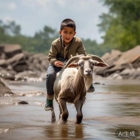 9岁男孩骑山羊勇闯河面，气场十足引关注