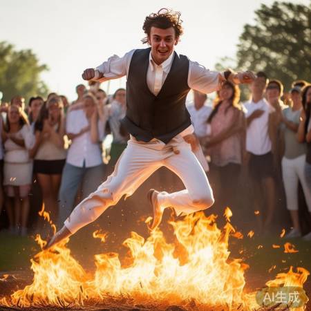新郎火盆跳跃，众人喝彩