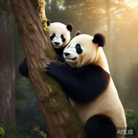 大熊猫母爱满满：亲手扶自家宝宝爬树萌态十足