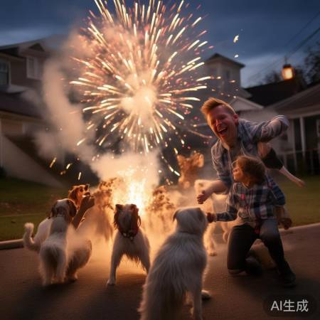 狗狗欢腾迎爸归：弟弟点鞭炮庆祝温馨时光