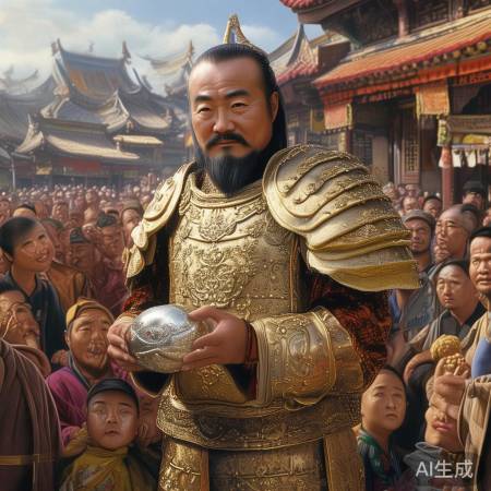 柴荣成财神，手握元宝笑。